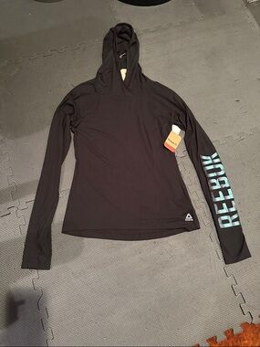 Reebok Black Hooded Long-Sleeve Top with Teal Sleeve Logo